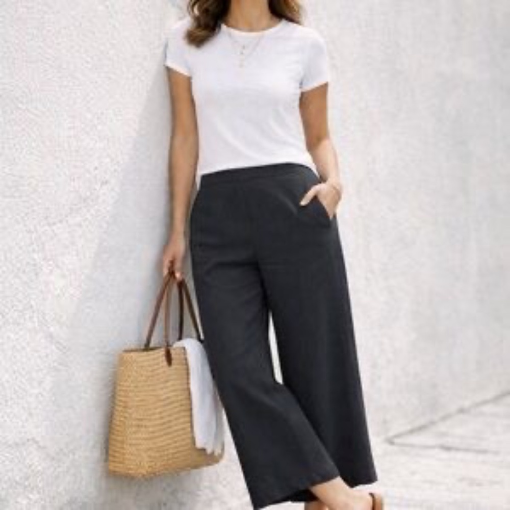 Loft Black Linen High Rise Wide Leg Cropped Pants NWT Size 2 Petite - Picture 1 of 7